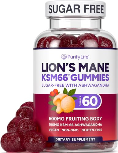 Sugar Free Lions Mane Supplement Gummies with KSM-66 Ashwagandha - Nootropic Supplement for Cognition, Brain Fog, Mental Clarity, Focus & Stress Supp