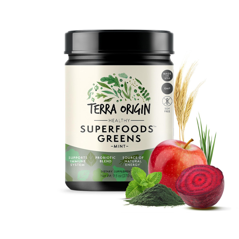 TERRA ORIGIN Healthy Superfood Greens Powder Drink with Probiotics & Ashwagandha | Adaptogen & Digestive Enzyme Fruit and Veggie Blend | for Gut Heal