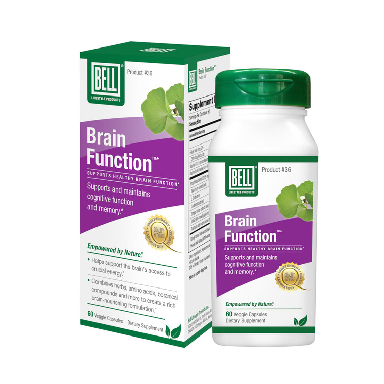 Bell Brain Function Lifestyle, Supports Cognitive Health with Ginkgo, Vitamin B12, Folate - 60 Vegetarian Capsules