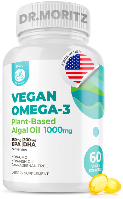DR. MORITZ Vegan Omega-3 Softgels for Adults and Kids, Made from Algae Oil with DHA EPA, Small Algae Omega 3 Supplements, Vegan, 60 Count