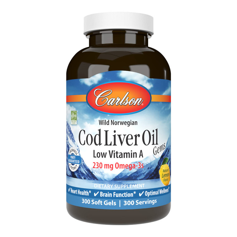 Carlson - Cod Liver Oil Gems, Low Vitamin A, 230 mg Omega-3s, Norwegian, Wild Caught, Sustainably Sourced, 300 Softgels