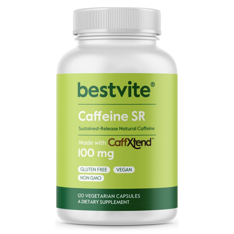 BESTVITE Caffeine 100mg SR (120 Vegetarian Capsules) - Sustained Release - Vegan - Non GMO - Gluten Free - Natural Caffeine Pills