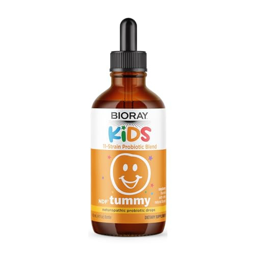 BIORAY Kids NDF Tummy, Raspberry - 4 fl oz (120 mL) - 11-Strain Probiotic Blend - Supports the Immune Response in the GI Tract - Non-GMO, Vegan, Glut