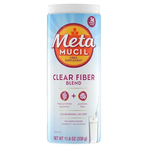 Metamucil Fiber Supplement, Unflavored Clear Mixing Powder, No Grit, No Sugar Added, Plant Based Prebiotic Fiber Supplement Blend for Daily Digestive
