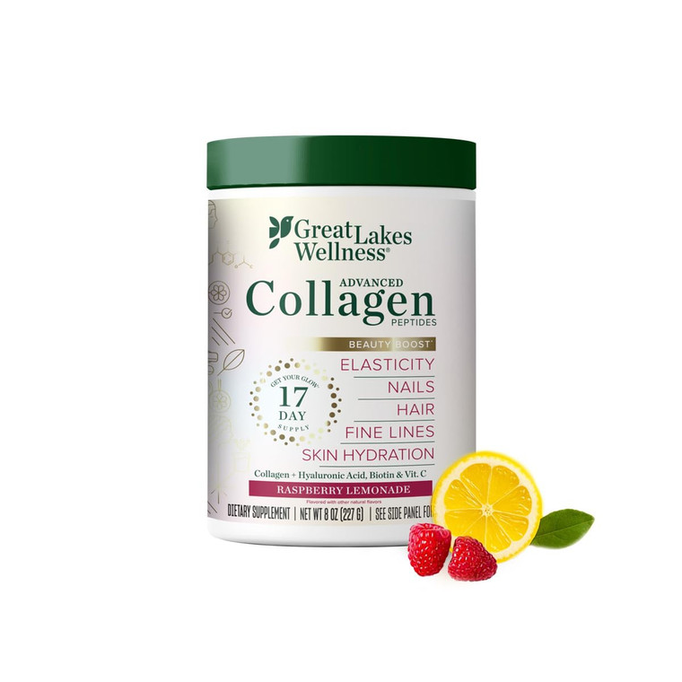 Great Lakes Wellness Beauty Boost Advanced Collagen Peptides Powder with Hyaluronic Acid, Biotin, Vitamin C - Skin Elasticity and Hydration - Raspber