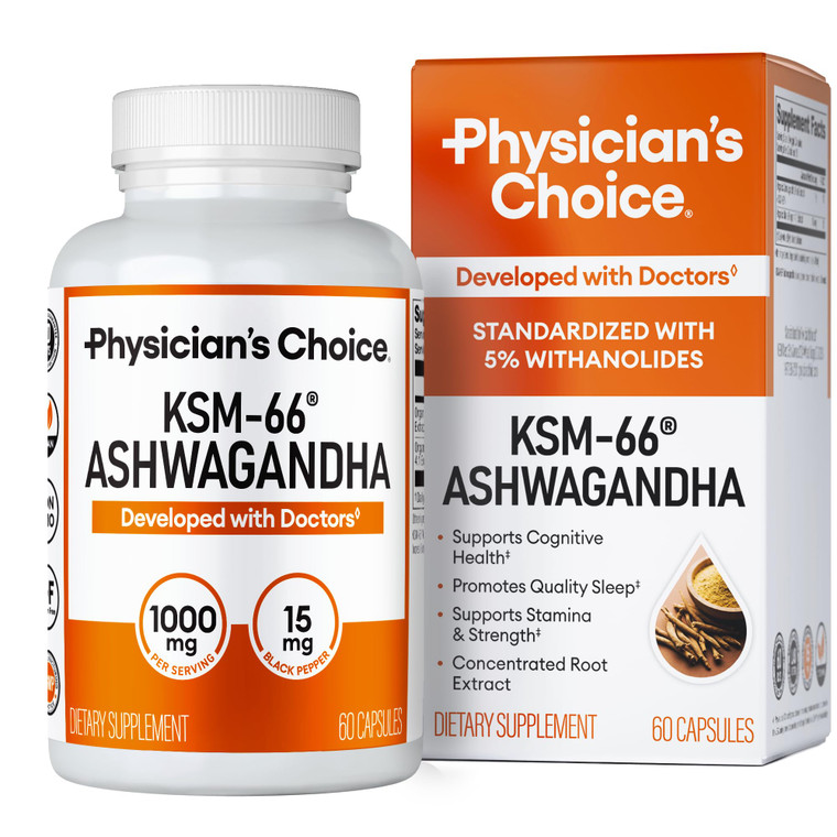 Physician's CHOICE KSM-66 Ashwagandha Root Powder Extract 1,000mg - Organic - with Black Pepper for Maximum Absorption - 5% Withanolides - Stress, Mo