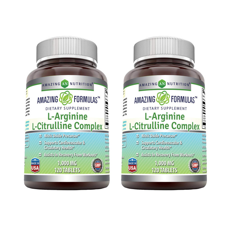 Amazing Formulas L-Arginine/L-Citrulline Complex 1000mg Tablets Supplement | Non-GMO | Gluten Free | Made in USA (120 Count | 2 Pack)