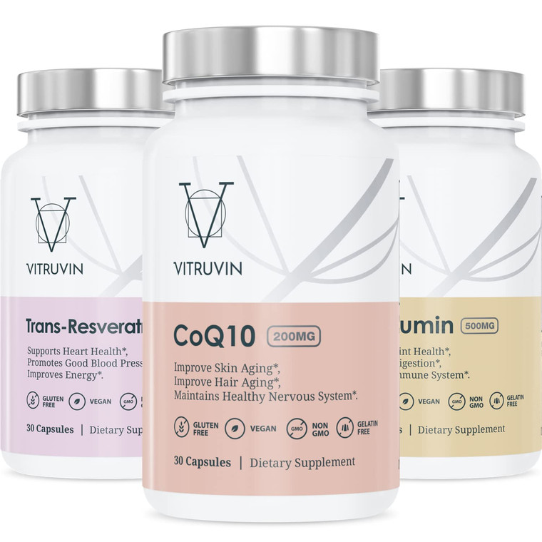 Vitruvin Beauty + Comfort Pack COQ10 200mg + Trans- Resveratrol 500mg + Curcumin 500mg, Vegan, Non-GMO, Gluten-Free, Gelatin-Free. Healthy Skin, Hear