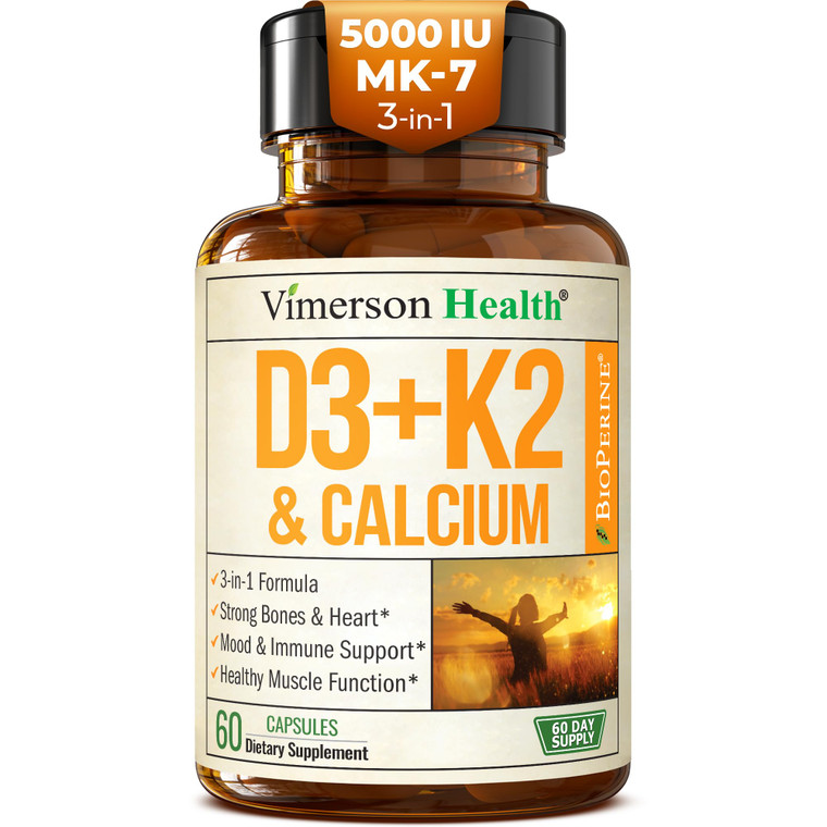 Vitamin D3 K2 Supplement  All-in-1 Support for Immune, Bone & Heart Health with Vitamin D + Vitamin K (as MK7)  K2 D3 (5000 IU) Vitamin Supplement