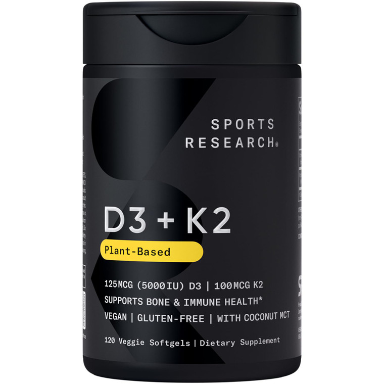 Sports Research Vitamin D3 K2 with 5000iu of Vegan D3 & 100mcg of Vitamin K2 as MK7 | Non-GMO Verified, Vegan Certified, Gluten & Soy Free - 60 Liqui