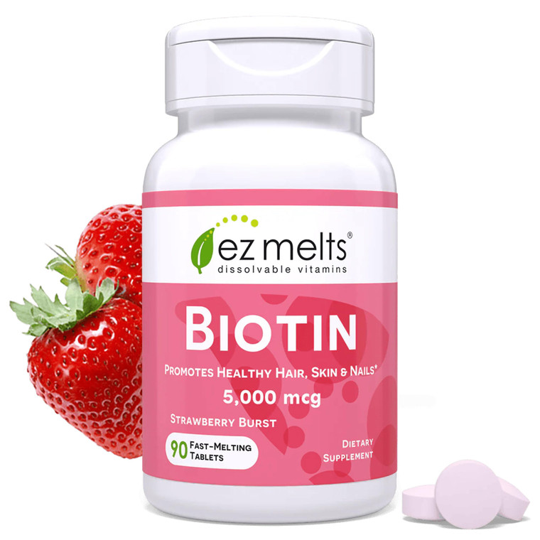 EZ Melts Biotin - Daily Vitamin B7 for Healthy Hair, Skin & Nails - Energy Metabolism Support - No Artificial Flavors - Non-GMO & Vegan - Strawberry