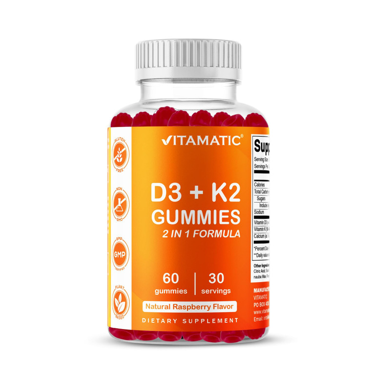 Vitamatic Vitamin D3 + K2 Gummies  60 Count | Supports Bone, Heart & Immune Health  Promotes Calcium Absorption  Plant-Based, Non-GMO, Gluten-Free