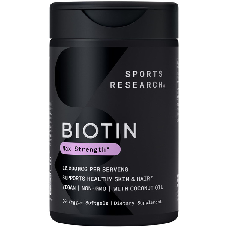 Sports Research® Biotin 10,000mcg with Organic Coconut Oil - Biotin (Vitamin B7) for Healthy Skin and Hair Support* - for Women and Men - Vegan, Non-