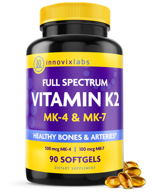 InnovixLabs Full Spectrum Vitamin K2-90 Softgels with 600 mcg of Trans Form MK7 and MK4 - Supports General Health and Bone Strength - Soy and Gluten