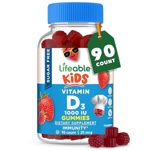 Lifeable Sugar Free Vitamin D for Kids 1000 IU  Great Tasting Natural Flavor Gummy Supplement  Gluten Free Vegetarian Chewable  for Strong and Hea