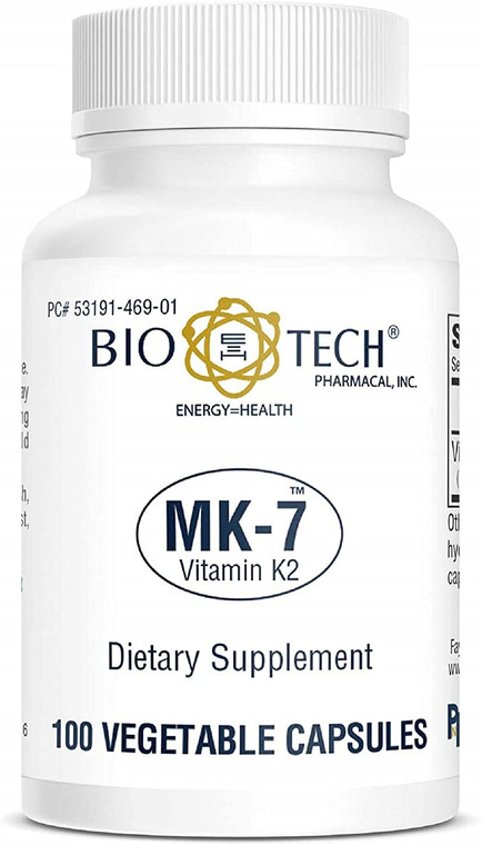 Bio-Tech Pharmacal MK-7 (Vitamin K2), 100 Vegetable Capsules  All-Natural Supplement  Supports Cardiovascular & Bone Health  No Dairy, Fish, Glute