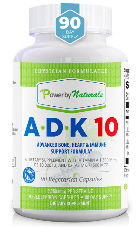 Power By Naturals ADK Vitamin Supplement  ADK 10 High Potency with Vitamins A, D3 10,000 IU & K2 MK7 for Superior Heart, Immune & Bone Health Suppor