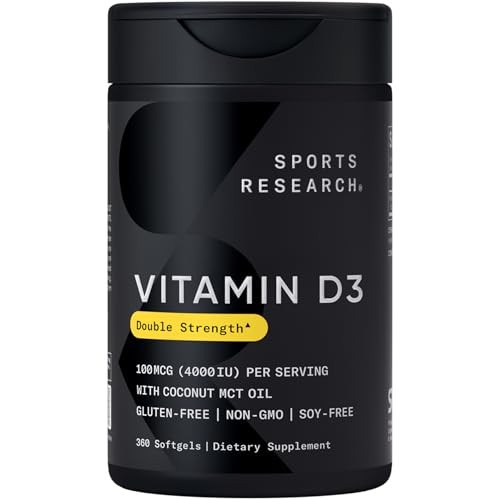 Sports Research® Vitamin D3 4000 IU with Coconut MCT Oil - Double Strength Vitamin D Supplement - Gluten Free · Non-GMO · Soy Free - 360 Count Softge