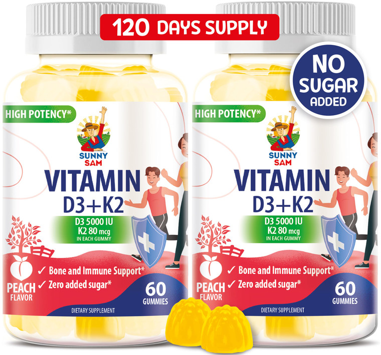 SUNNY SAM Sugar-Free Vitamin D3 K2 Gummies 5000 IU - Immune & Bone Support - Vitamin D Gummy Supplement for Adults - High-Absorption, Vegan, Halal, G