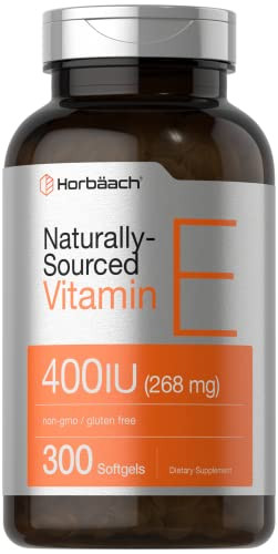 Horbäach Vitamin E Softgel Capsules | 400 iu | 268mg | 300 Count | Non-GMO and Gluten Free Naturally-Sourced Formula | D-Alpha Tocopherol