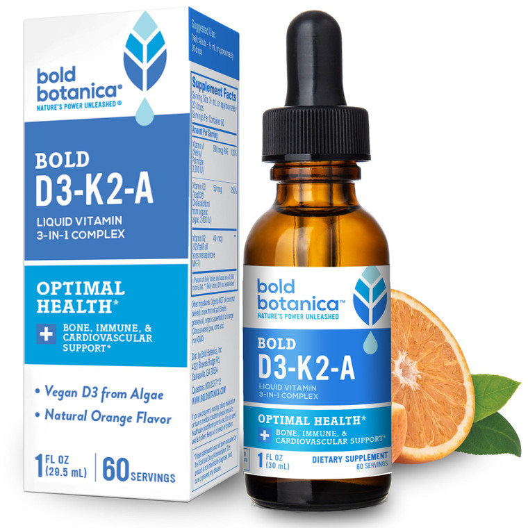 Bold Botanica Vitamin D3-K2-A Liquid Drops for Adults and Kids  Vegan D3 from Algae with K2 (MK7) & A, 3-in-1 Complex for Immune, Bone & Heart Suppo