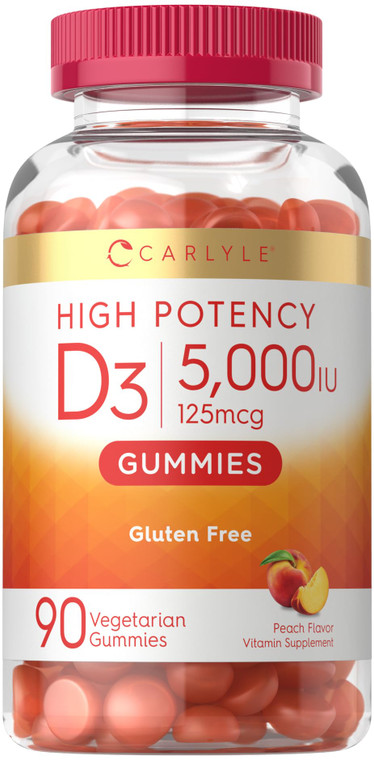 Carlyle Vitamin D3 Gummies | 5000 IU (125 mcg) | 90 Count | High Potency for Adults | Peach Flavor | Vegetarian, Non-GMO, Gluten Free Supplement