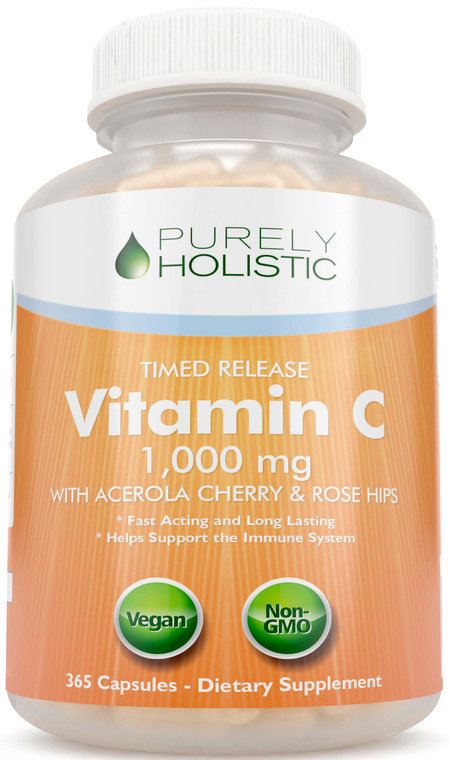 Purely Holistic Vitamin C 1000mg, 365 Capsules, 12 Month Supply, 2 Stage Timed Release with Ascorbic Acid, Rosehip & Acerola Cherry Bioflavonoid, Imm