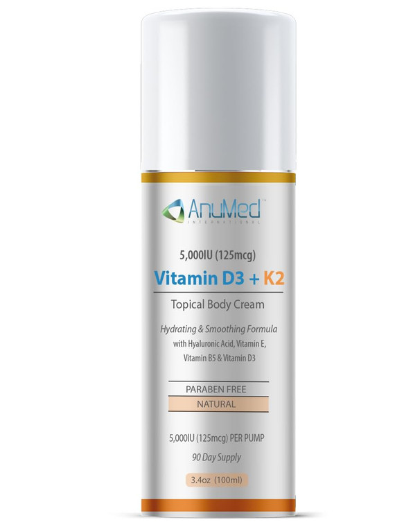 AnuMed Vitamin D3 K2 5,000 IU Cream with Magnesium, Hyaluronic Acid, Vitamin E. Best Moisturizer for Dry Skin. Promotes The Immune System, Strong Bon