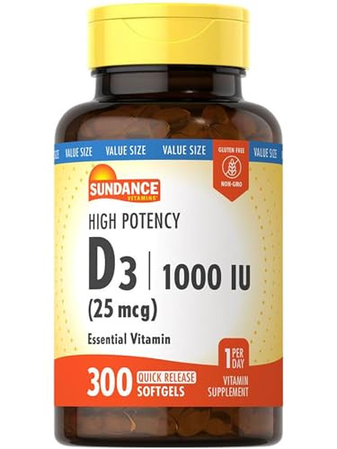 Sundance Vitamin D3 1000 IU | 300 Softgels | High Potency | Essential Vitamin Formula | Non-GMO and Gluten Free Supplement