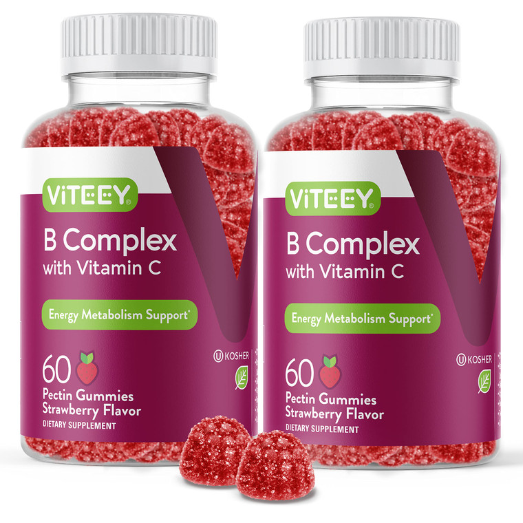 Viteey Vitamin B Complex Gummies with Vitamin C - Energy, Metabolism & Immune Support - B6, B12, Niacin, Folic Acid, Biotin, Calcium - Vegan, Gluten-