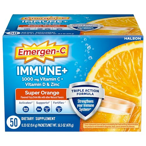 Emergen-C Immune+ Triple Action Immune Support Powder, BetaVia (R), 1000mg Vitamin C, B Vitamins, Vitamin D and Antioxidants, Super Orange, Back to S