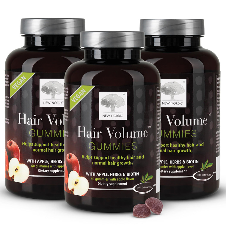 NEW NORDIC Hair Volume Gummies, 2500 mcg Biotin, Daily Hair Vitamins Supplement to Support Hair Skin & Nails, Vegan, 60 Count (Pack of 3)