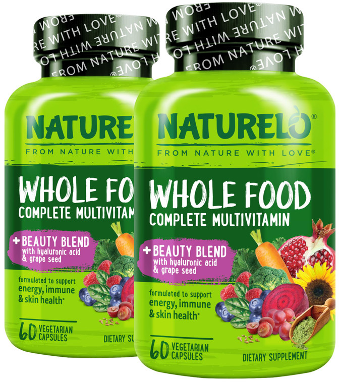 NATURELO Whole Food Multivitamin with Extra Hair, Skin & Nails Support - Beauty Blend with Hyaluronic Acid & Grape Seed - High Potency Biotin, Vitami
