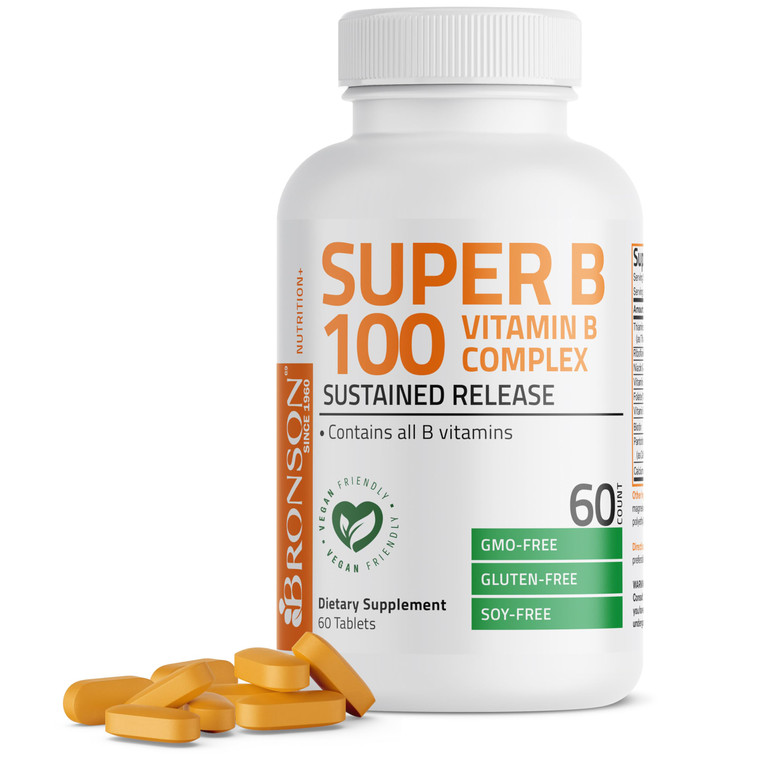Bronson Super B100 Vitamin B Complex Sustained Release Contains All B Vitamins (Vitamin B1, B2, B3, B6, B9 - Folic Acid, B12), 60 Tablets