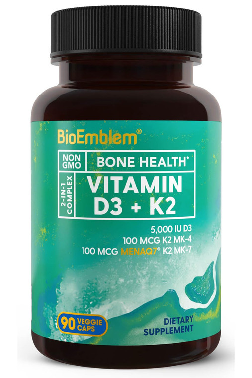 BioEmblem Vitamin D3 K2 Capsules (5000IU and 200mcg) - Patented MK7 and MK4 for 3-in-1 Complex Support - Vegetarian Vitamin D K2 Supplement for Teeth