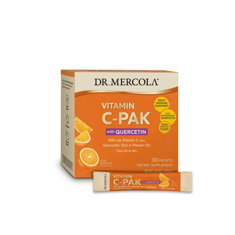 Dr. Mercola Vitamin C-PAK with Quercetin - Daily Immune Support Drink - Zinc & Vitamin D3 Blend - Gluten-Free - Effervescent Orange Flavor - 30 Packe