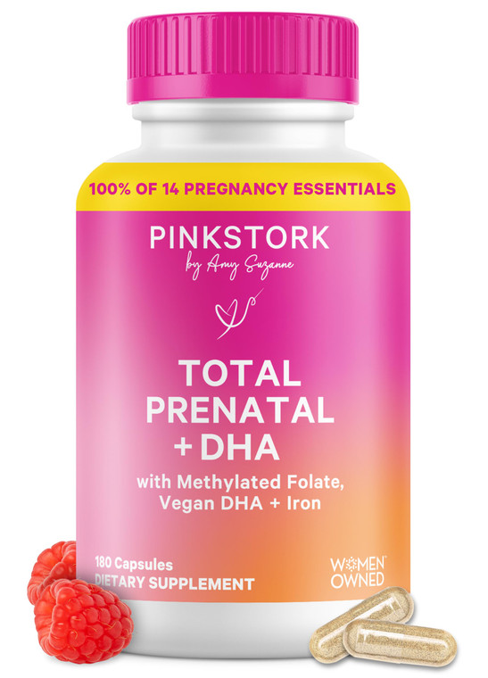 Pink Stork Total Prenatal Vitamins with DHA, Folate, and Iron, 3 Month Supply to Help Support Fetal Development, Pregnancy Must Haves - 180 Capsules