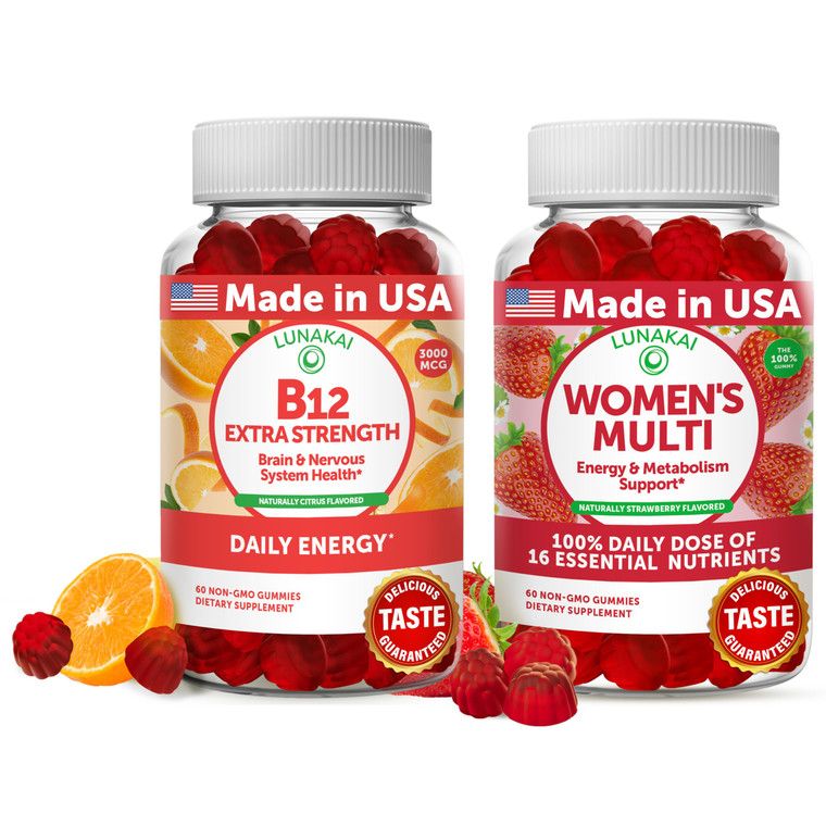 Lunakai Vitamin B12 and Women's Multivitamin Gummies Bundle - 3000mcg Methylcobalamin High Absorption Energy Gummy - 100% Daily Value of 16 Essential