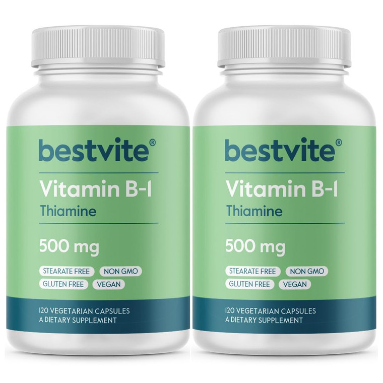 BESTVITE Vitamin B-1 (Thiamin) 500mg (240 Vegetarian Capsules) (2 x120) - No Stearates - Vegan - No Calcium Carbonate - Non GMO - Gluten Free - No Si