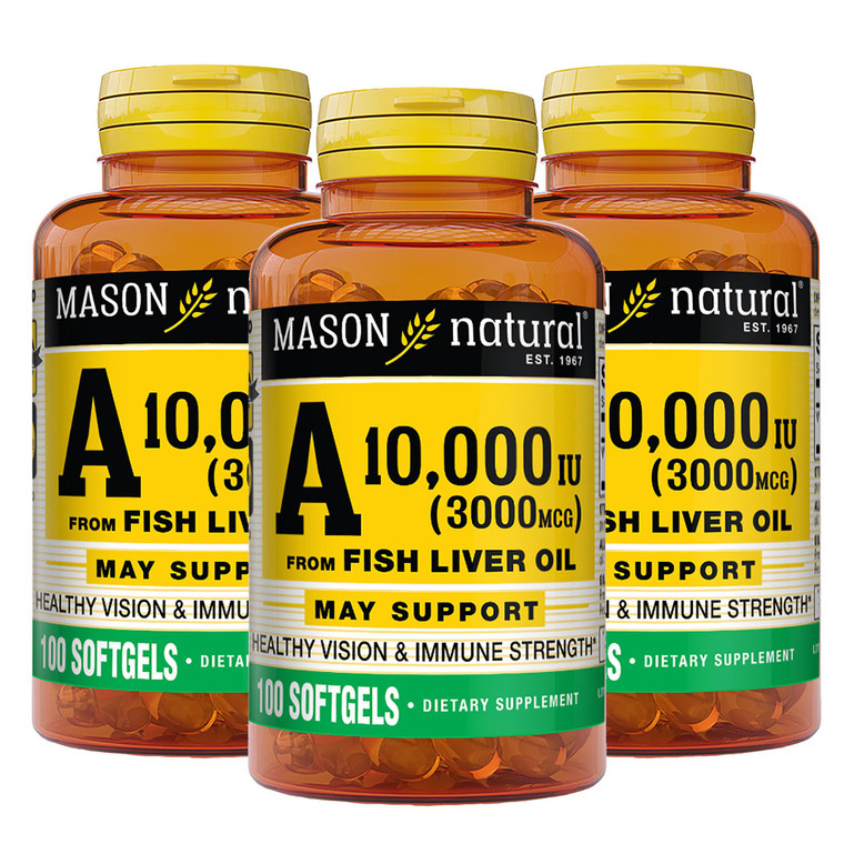 MASON NATURAL Vitamin A 3,000 mcg (10,000 IU) from Fish Liver Oil, Supports Vision & Immune Health, 100 Softgels, Pack of 3