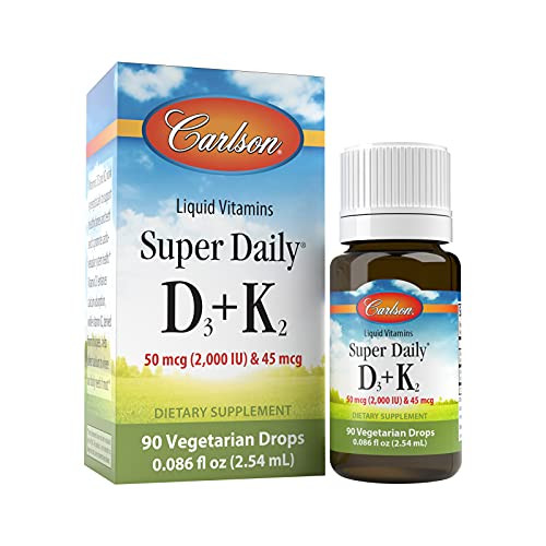 Carlson - Super Daily D3 + K2, 50 mcg D3 + 45 mcg MK-7, Heart & Bone Health, 90 Liquid Drops, 2.54 ml
