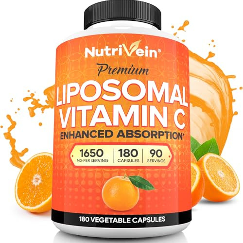 Nutrivein Premium Liposomal Vitamin C Supplement 1650mg - 180 Caps: High-Absorption High Dose Vitamin C Capsules for Whole-Body Defenses & Overall We