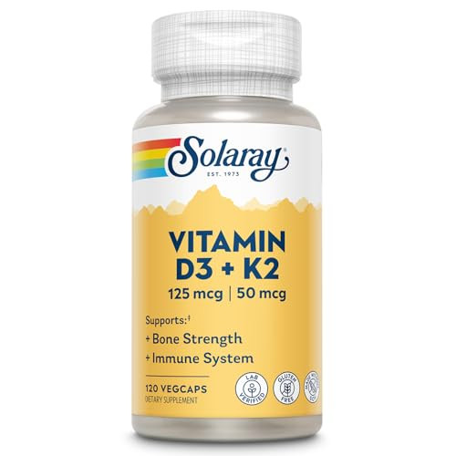 SOLARAY Vitamin D3 K2 - Bone Health and Immune Support Supplement - With 5000 IU Vitamin D as Vit D3 and 50 mcg Vitamin K2 as Menoquinone MK7, Made W