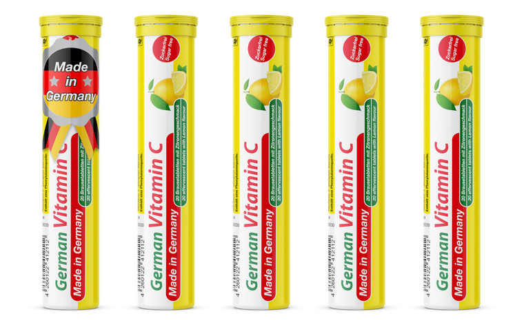 T&D German Vitamin C 180 mg - 40 Vegan Drink Effervescent Tablets - Lemon Lime Flavor - Made in Germany