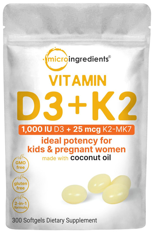 Micro Ingredients Vitamin D3 1,000 IU + K2 MK-7 25 mcg, 300 Softgels | Virgin Coconut Oil | 2-in-1 Bone, Immune & Heart Support | Easy to Swallow, No