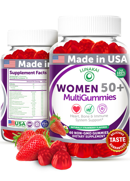 Lunakai USA Made 50 Plus Women's Multivitamin Gummies - Delicious Formula Enhanced with Essential Vitamins & Minerals for Health & Vitality - 60ct