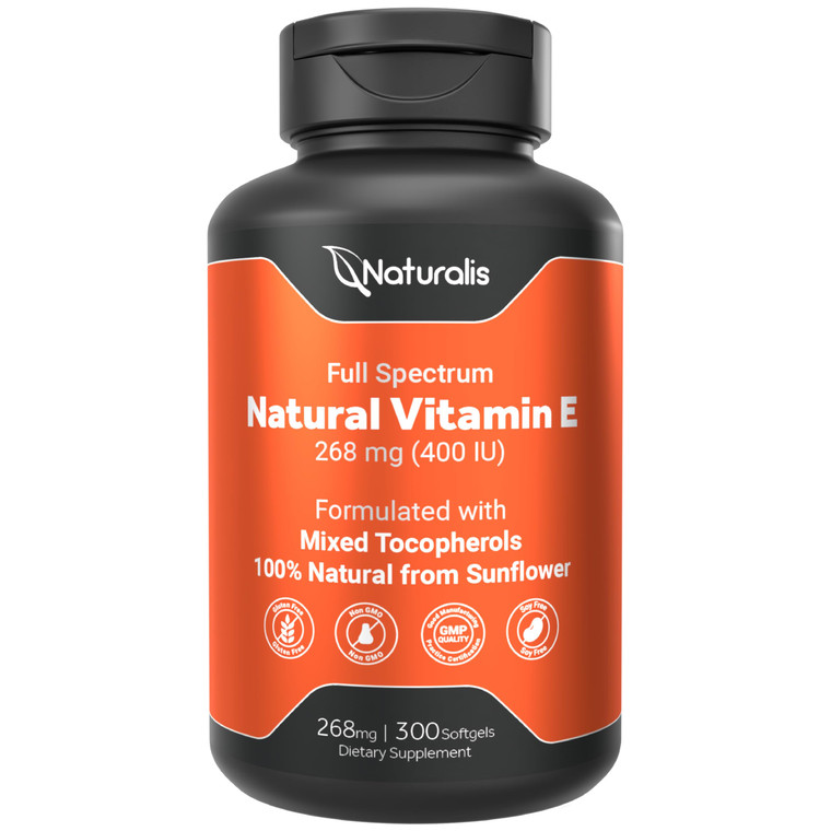 Naturalis Sunflower Vitamin E 268mg (400 IU) with Mixed Tocopherols | Essential Skin Vitamin & Immune Support | Non-GMO, Soy & Gluten Free | 300 Soft