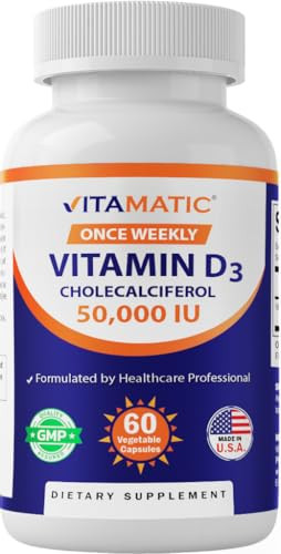 Vitamatic Vitamin D3 50,000 IU (as Cholecalciferol), Once Weekly Dose, 1250 mcg, 60 Veggie Capsules 1 Year Supply, Progressive Formula Helping Vitami