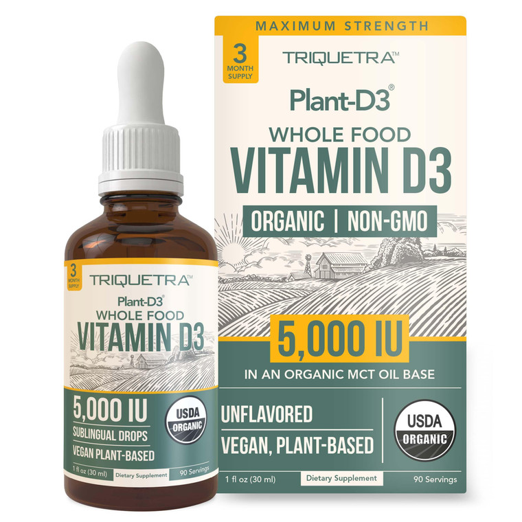 Plant-D3 Organic Vitamin D3 5000 IU - Vegan, Max Strength Sublingual Liquid D3 Drops - 200% Higher Absorption - 100% Plant-Based Cholecalciferol Form