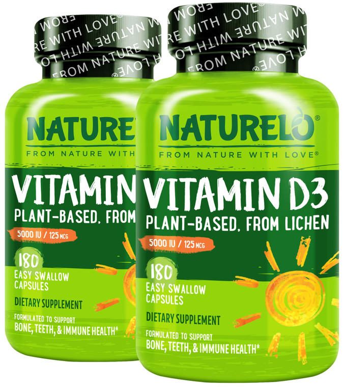 NATURELO Vitamin D - 5000 IU - Plant Based from Lichen - Natural D3 Supplement for Immune System, Bone Support, Joint Health - High Potency - Vegan -